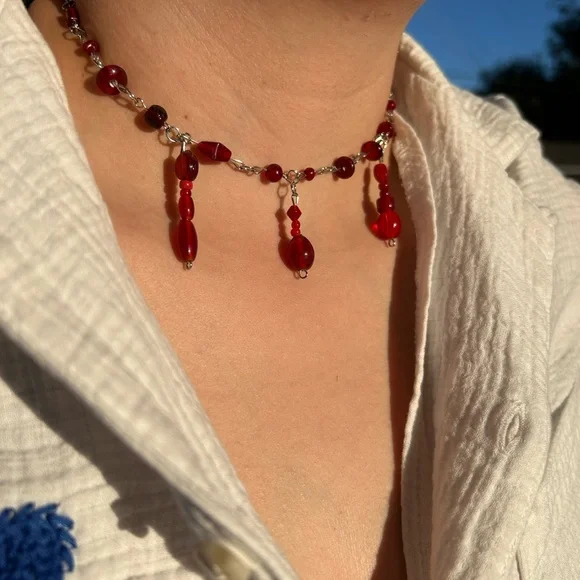 Blood Red Beaded Necklace - Picture 2 of 7